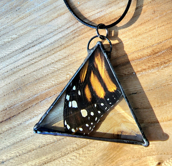 Monarch Beveled Triangle Pendant, Monarch Butterfly Wing Necklace