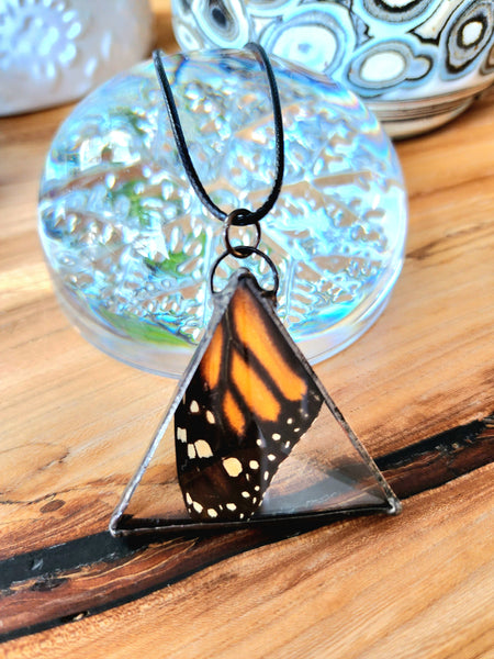 Monarch Beveled Triangle Pendant, Monarch Butterfly Wing Necklace