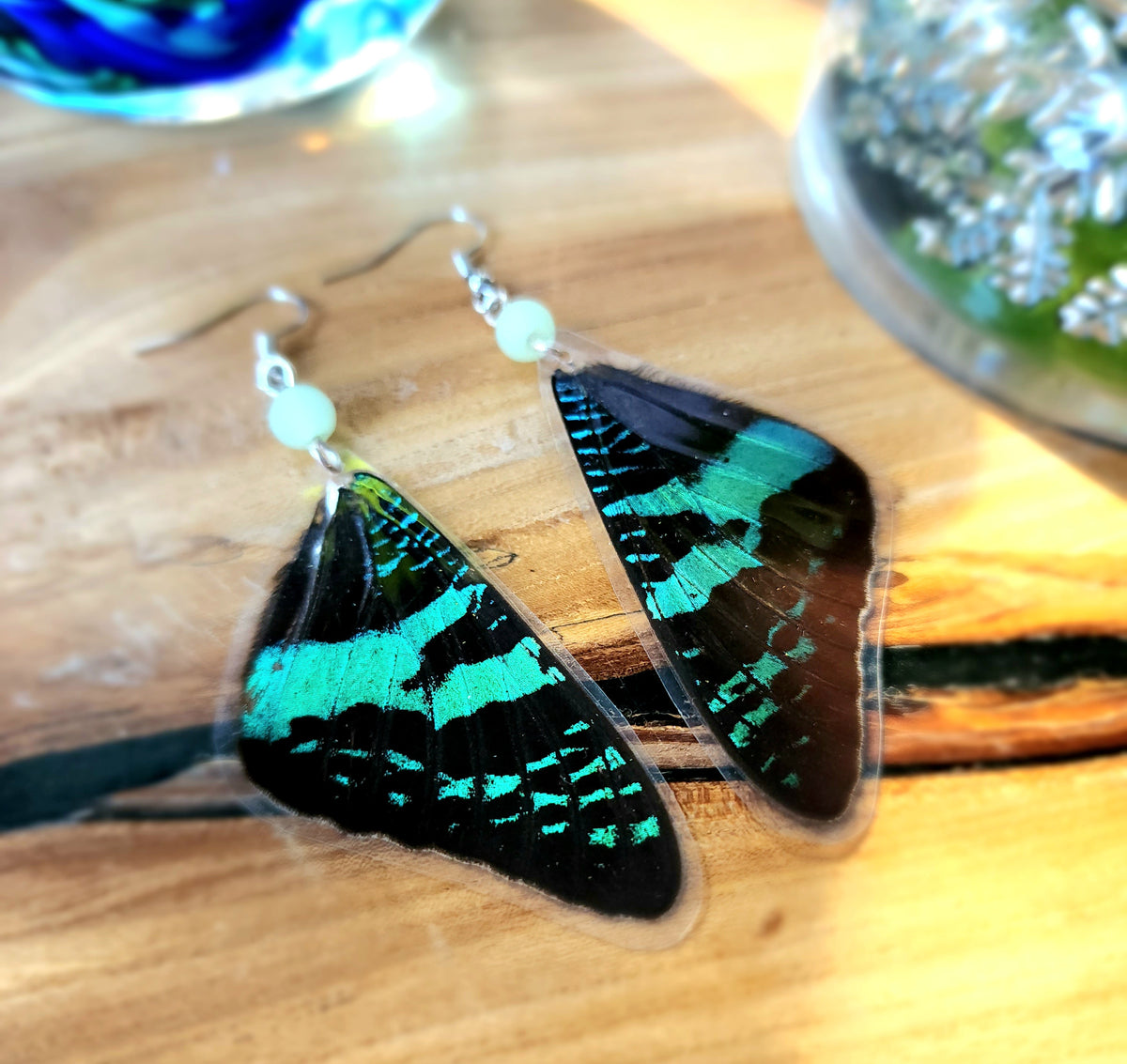 Madgascan Sunset Moth Earrings, Green and Black Moth Earrings