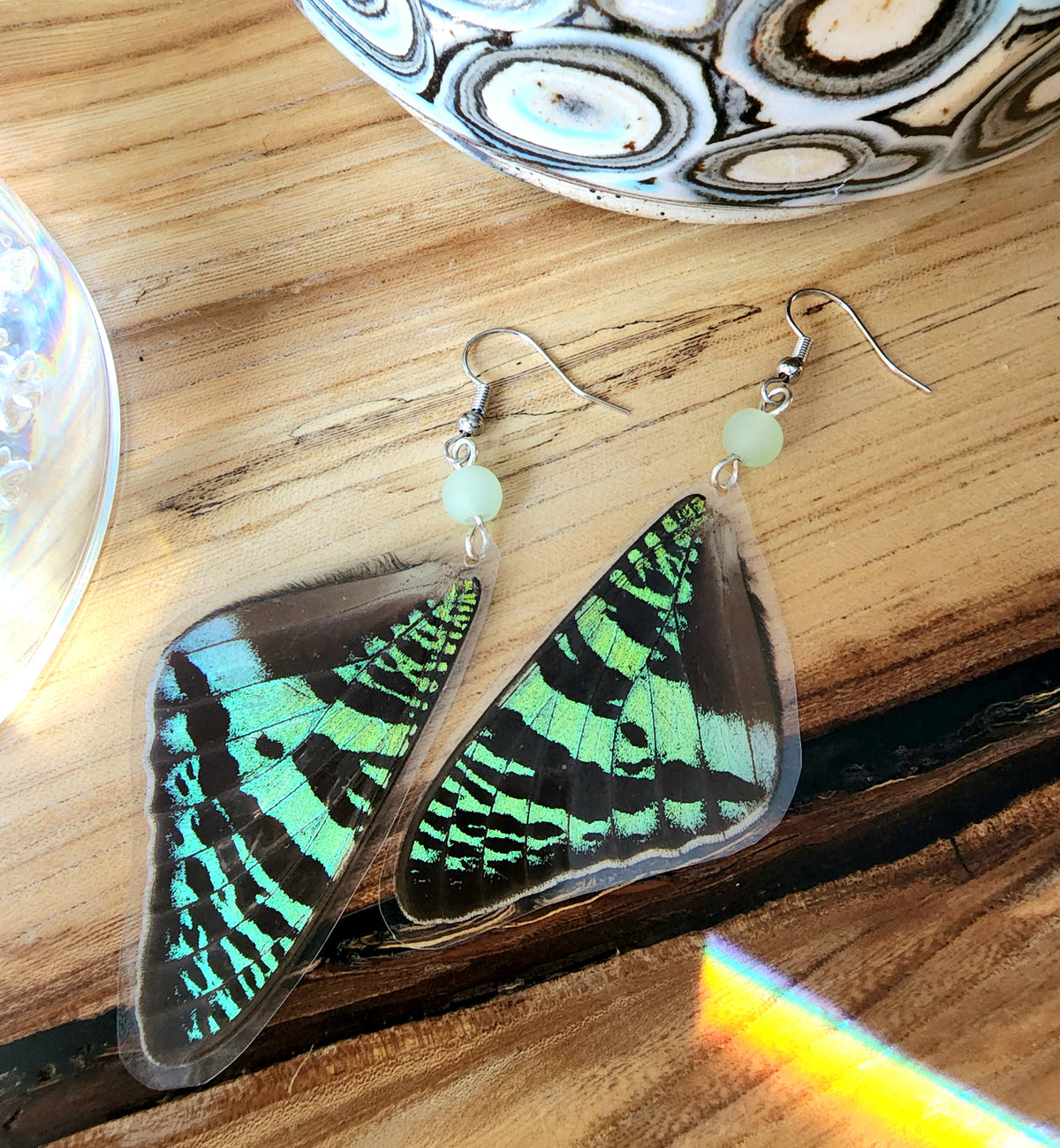 Madgascan Sunset Moth Earrings, Green and Black Moth Earrings