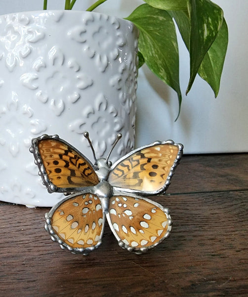 Tan & Metallic Silver-Spotted Butterfly Statue, Great spangled Fritillary Butterfly, Speyeria cybele