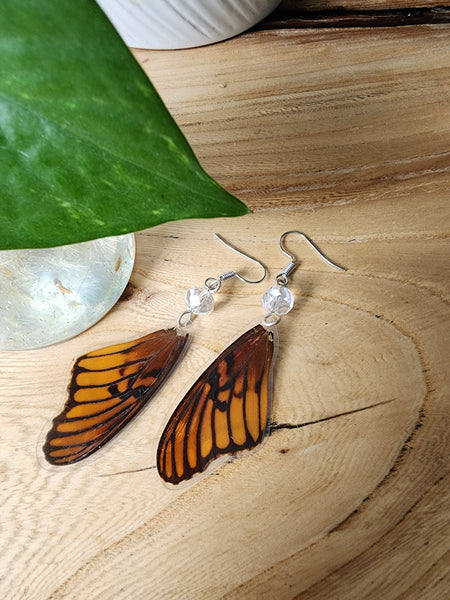Juno Silverspot Butterfly, Orange Black Silver Butterfly Wing Earrings