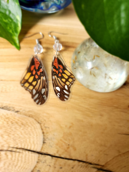 Juno Silverspot Butterfly, Orange Black Silver Butterfly Wing Earrings