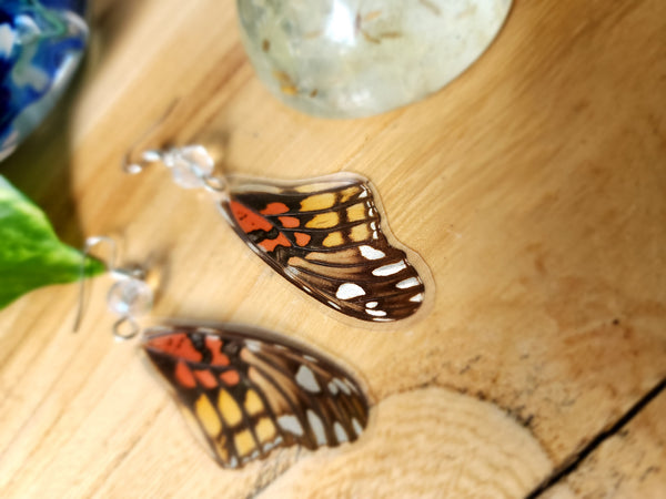 Juno Silverspot Butterfly, Orange Black Silver Butterfly Wing Earrings