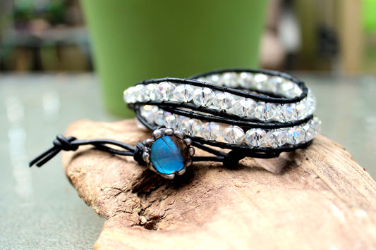 Morpho Menelaus Wing Clear Crystal Double-Wrap Leather Bracelet