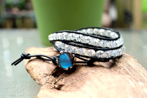 Clear Crystal Black Leather Wrist Wrap with Blue Butterfly Wing Button