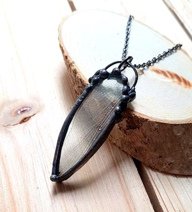 Dragonfly Wing Gunmetal Pendant, Steampunk Jewelry, Goth Style Jewelry