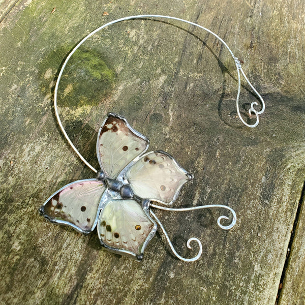 Mother Of Pearl Butterfly Choker, Real Butterfly Wing Torc, Grey Spotted Butterfly Jewelry
