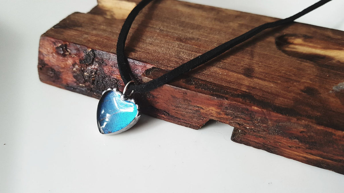 Small Blue Morpho Wing Glass Heart Pendant