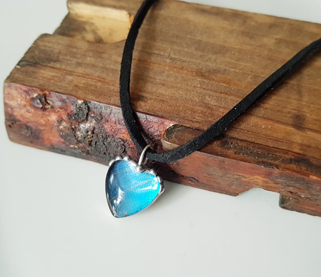 Heart Shaped Blue Butterfly Necklace, Tiny Blue Morpho Heart Pendant