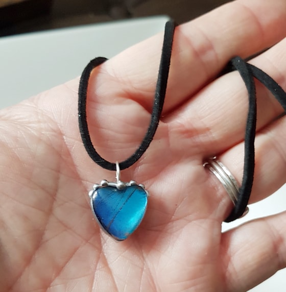 Small Blue Morpho Wing Glass Heart Pendant