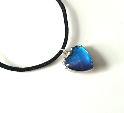 Small Blue Morpho Wing Glass Heart Pendant