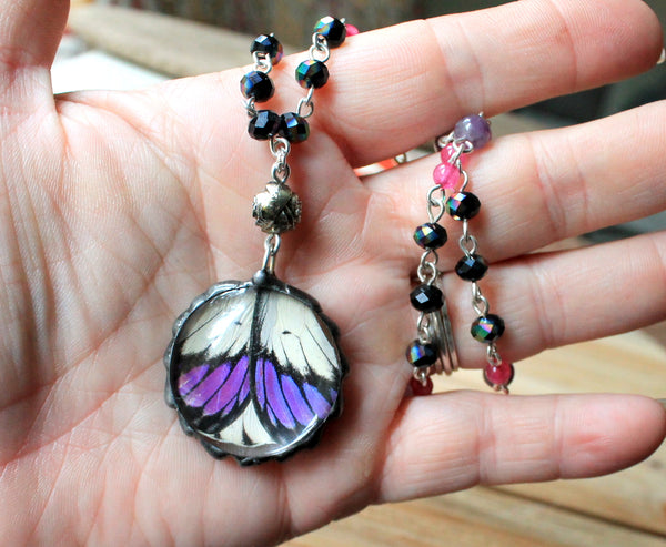 Real Purple Butterfly Necklace, Purple Tip Butterfly Jewelry, Colotis Regina Necklace, Hand-Chained Beaded Butterfly Necklace