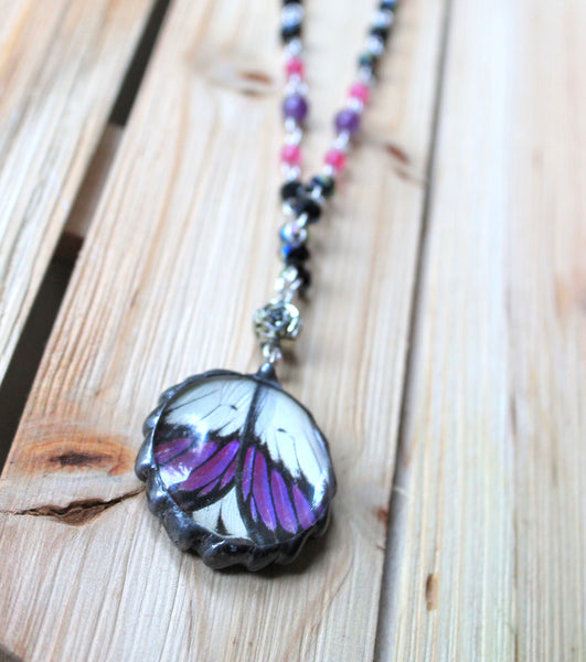 Real Purple Butterfly Necklace, Purple Tip Butterfly Jewelry, Colotis Regina Necklace, Hand-Chained Beaded Butterfly Necklace