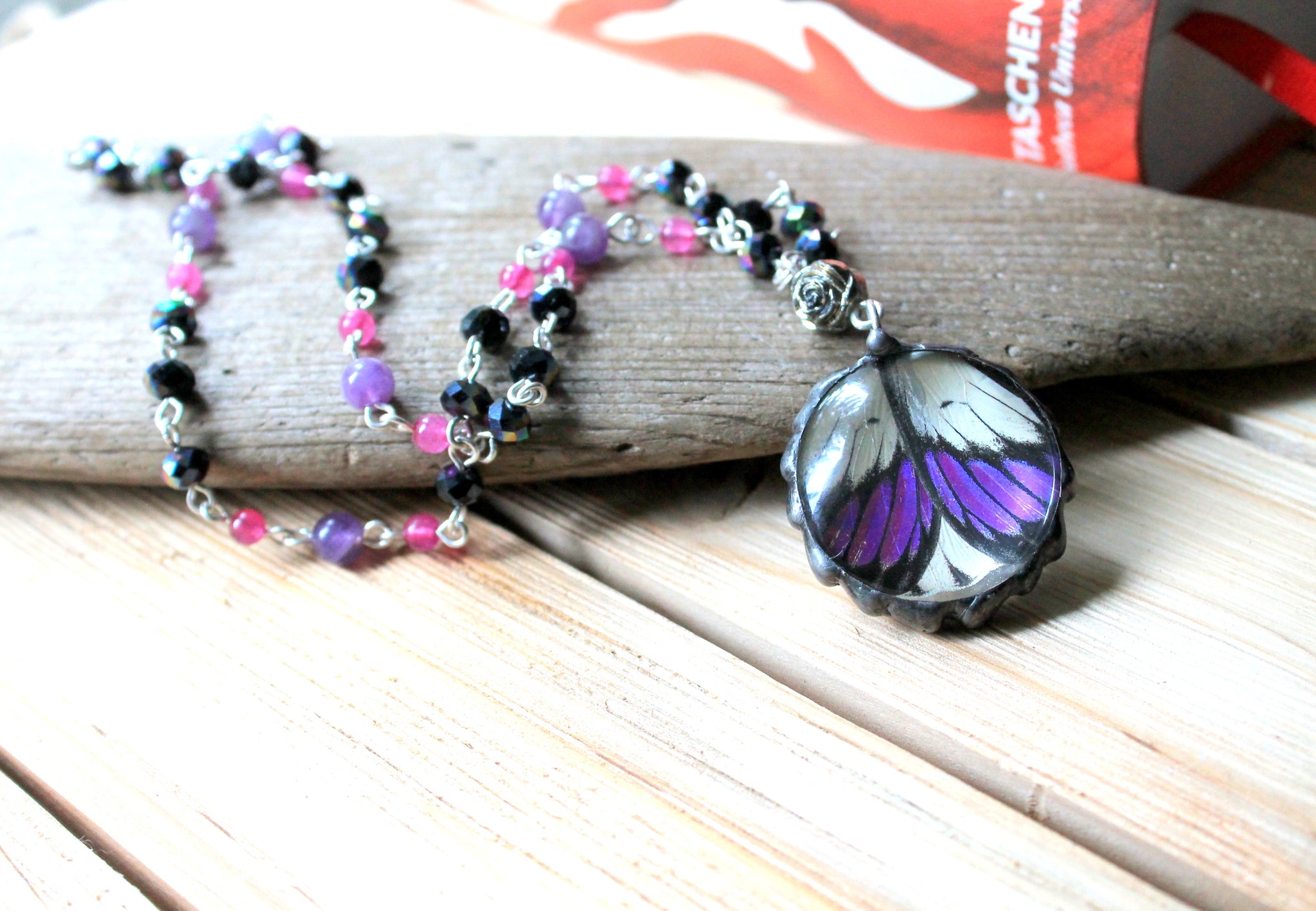Real Purple Butterfly Necklace, Purple Tip Butterfly Jewelry, Colotis Regina Necklace, Hand-Chained Beaded Butterfly Necklace