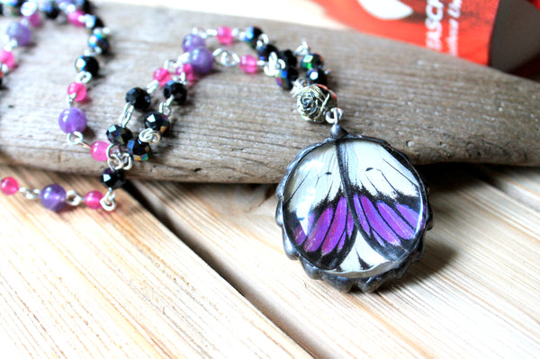 Real Purple Butterfly Necklace, Purple Tip Butterfly Jewelry, Colotis Regina Necklace, Hand-Chained Beaded Butterfly Necklace