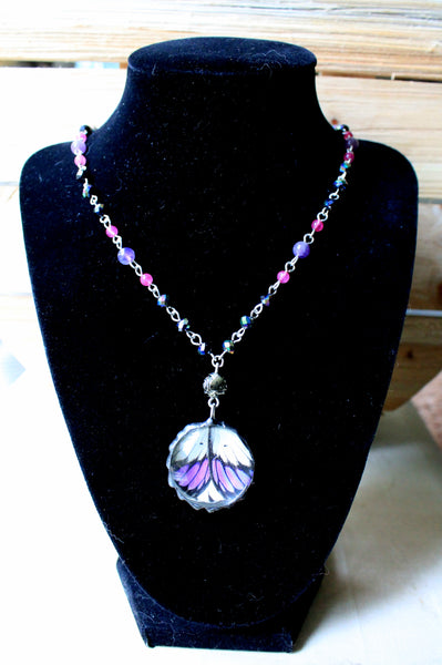 Real Purple Butterfly Necklace, Purple Tip Butterfly Jewelry, Colotis Regina Necklace, Hand-Chained Beaded Butterfly Necklace