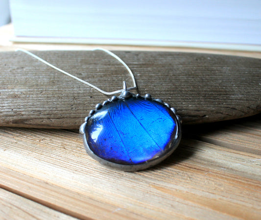 Blue Butterfly Oval Pendant, Oval Butterfly Wing Necklace, Blue Morpho Necklace
