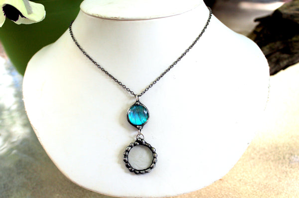 Blue Morpho Butterfly Wing Frosted Antique Glass Pendant on Gunmetal Necklace