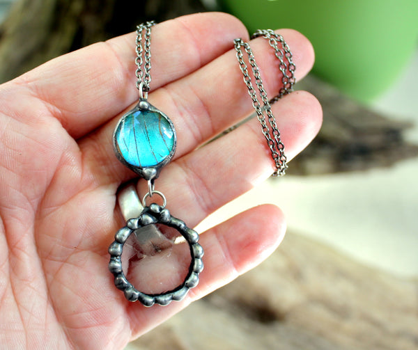 Blue Morpho Butterfly Wing Frosted Antique Glass Pendant on Gunmetal Necklace