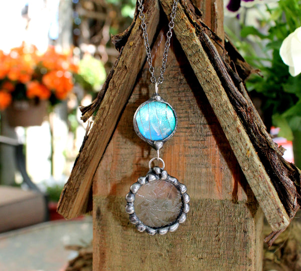 Blue Morpho Butterfly Wing Frosted Antique Glass Pendant on Gunmetal Necklace