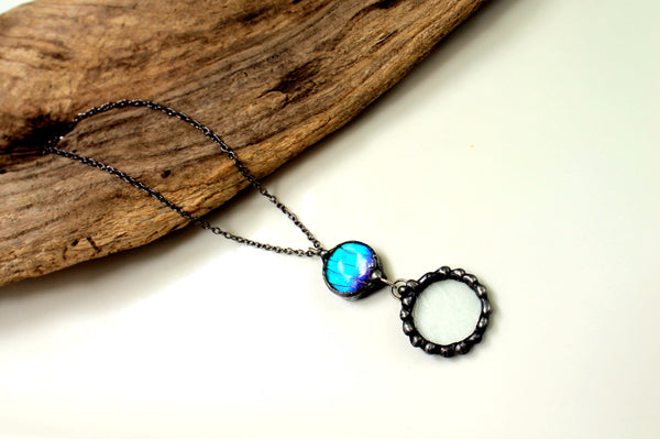 Blue Morpho Butterfly Wing Frosted Antique Glass Pendant on Gunmetal Necklace