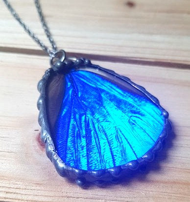Shimmering Blue Morpho Rhetenor Butterfly Hindwing Pendant, Blue Morpho Necklace