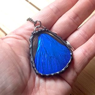 Shimmering Blue Morpho Rhetenor Butterfly Hindwing Pendant, Blue Morpho Necklace