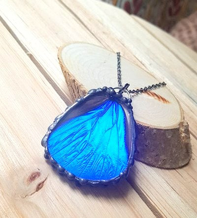 Shimmering Blue Morpho Rhetenor Butterfly Hindwing Pendant, Blue Morpho Necklace