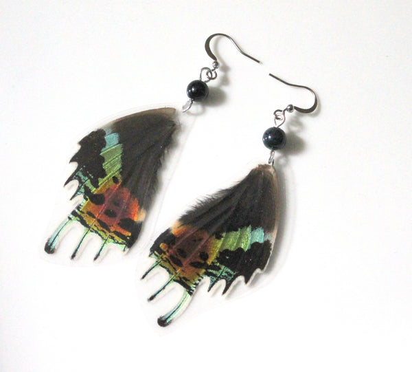 Madagascan Sunset Moth Laminated Earrings with Black Agate Bead