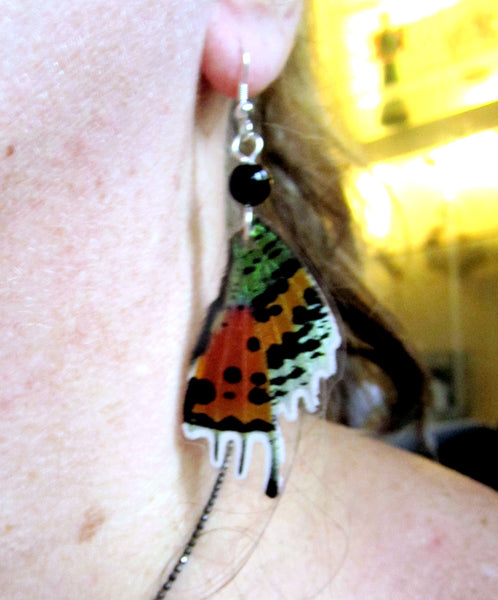 Madagascan Sunset Moth Laminated Earrings with Black Agate Bead