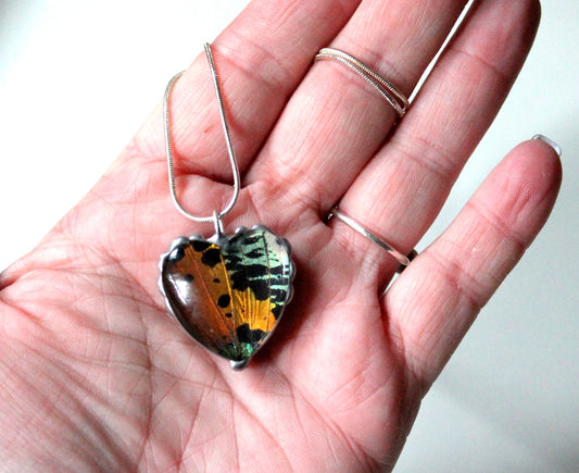 Madagascan Sunset Moth Wing Heart Glass-Dome Pendant